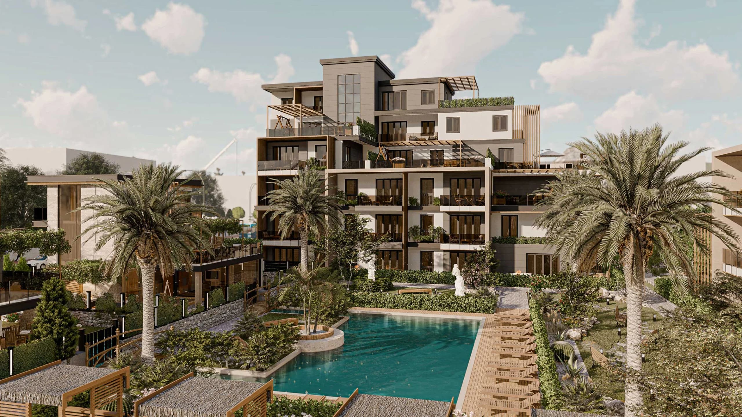 Babylon dış cephe ve teraslı bahçe görünümü
