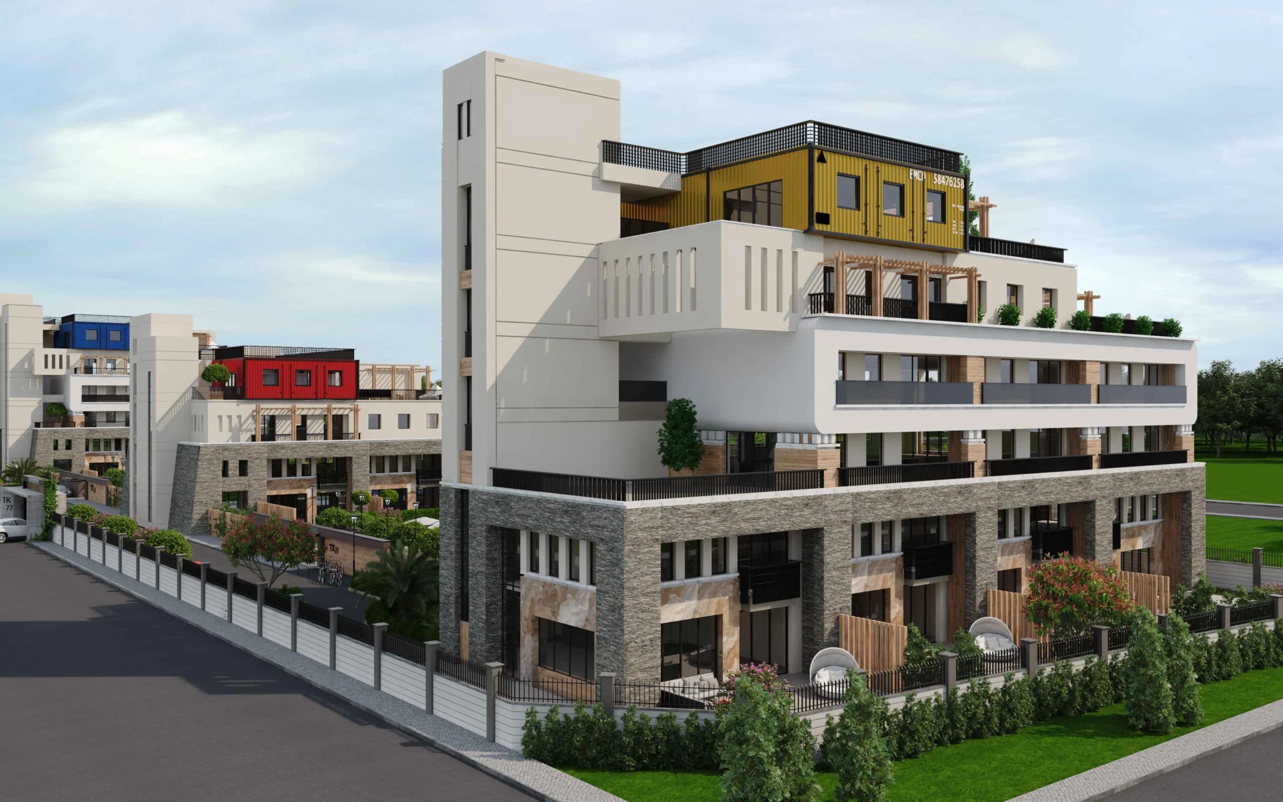 TK 77 Residence dış cephe ve site girişi görünümü